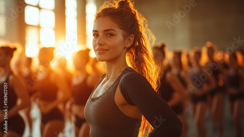 A group yoga class in a sunlit studio, featuring a confident woman with long hair in focus, amidst other participants in the calming background