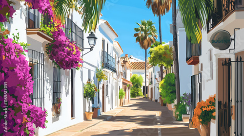 A sunny street lined with palm trees and bougainvillea in a spanish town. Wroughtiron. Illustration
