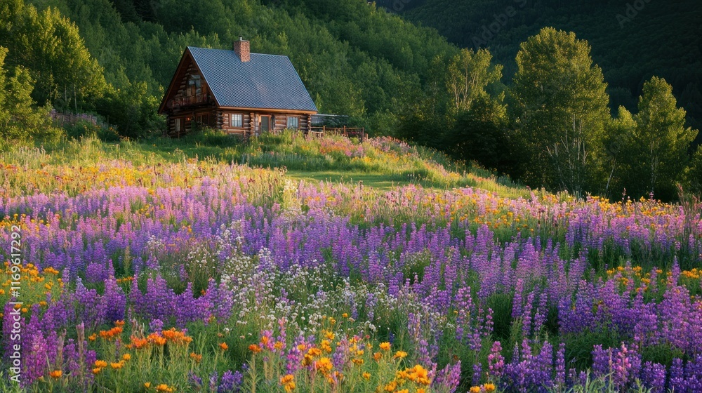 Log Cabin nestled in a vibrant wildflower meadow