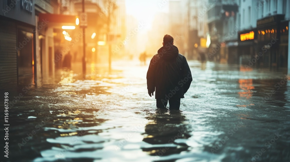 Person walks through flooded city street, sunset. Person walks through flooded city street, sunset.