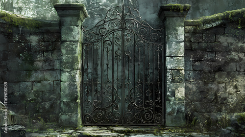 An ornate wroughtiron gate with intricate scrollwork and weathered patina set against a mosscovered stone wall evoking a sense of mystery and forgotten grandeur. Wroughtiron. Illustration photo