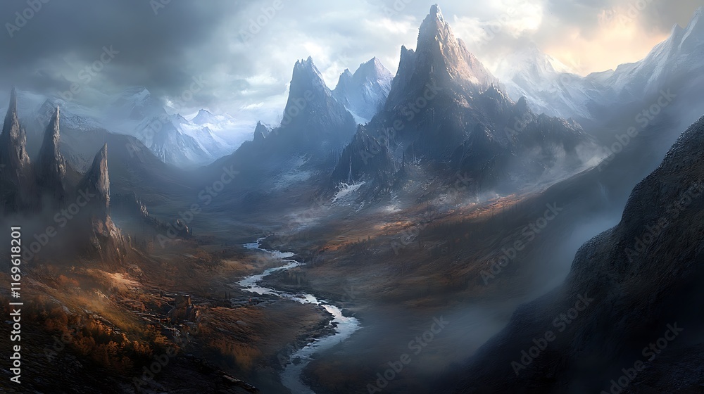 Obraz premium A rugged mountain range with jagged peaks and a river winding through the valley below