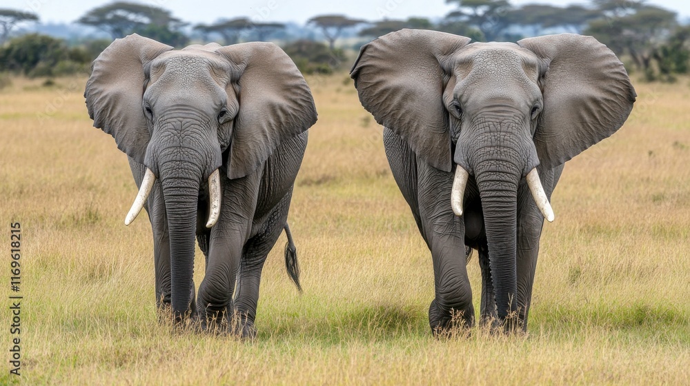 Fototapeta premium Elephants Walking Across a Grassy Plain