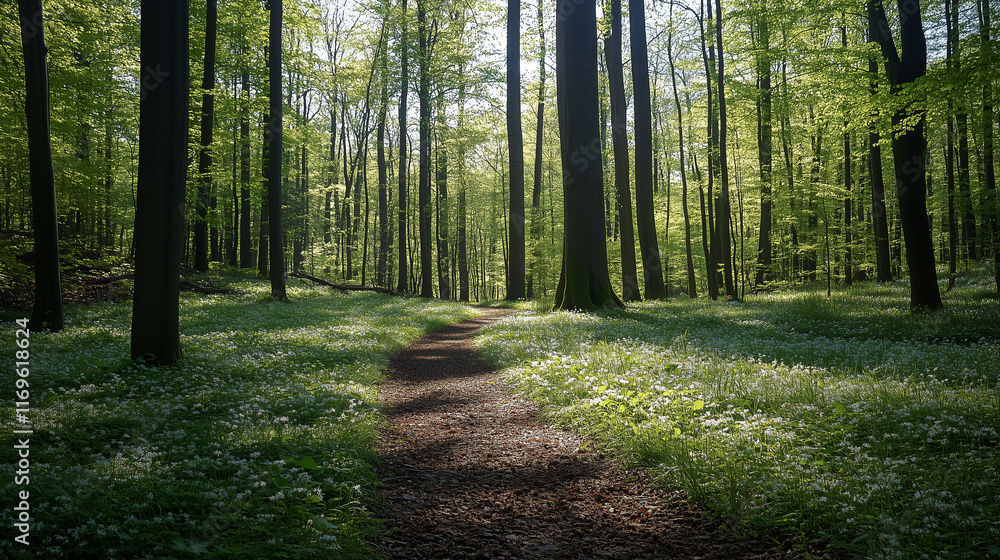Obraz premium Sunlit forest path surrounded by lush greenery.