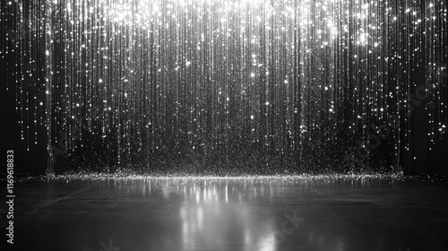 Sparkling silver glitter curtain with reflections on black background