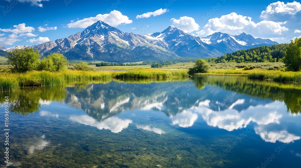 Fototapeta premium A serene alpine lake with crystal-clear water reflecting the surrounding snow-capped mountains