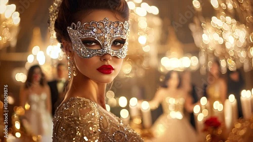 Masquerade ball, carnival, party, luxury lifestyle, Venetian mask, high society, mysterious elegance, evening gala, glamorous party, carnival, aristocratic event, fashion, mystery, elite gathering.