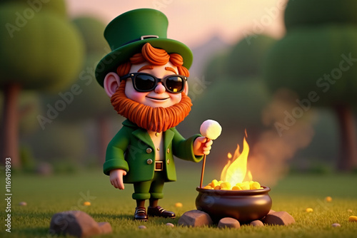 A cozy leprechaun roasts marshmallows over a glowing campfire, surrounded by trees at sunset, with a pot of gold nearby. 3D illustration, St.Patrick's day