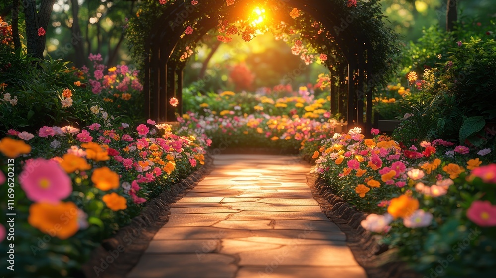 Fototapeta premium Sunlit garden path with vibrant flowers.