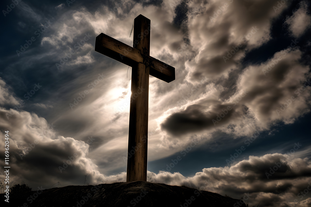 A wooden cross standing against a dramatic cloudy sky with sunlight breaking through, symbolizing faith, hope, and spirituality A wooden cross standing against a dramatic cloudy sky with sunlight breaking through, symbolizing faith, hope, and spirituality