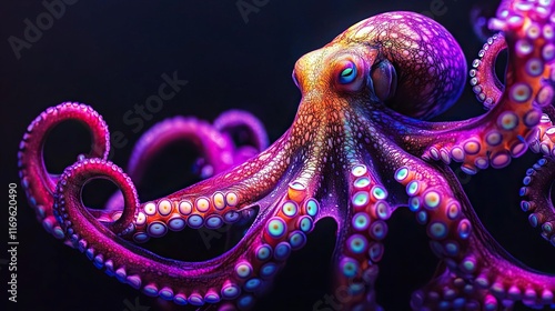 Colorful octopus displaying dynamic poses on black background