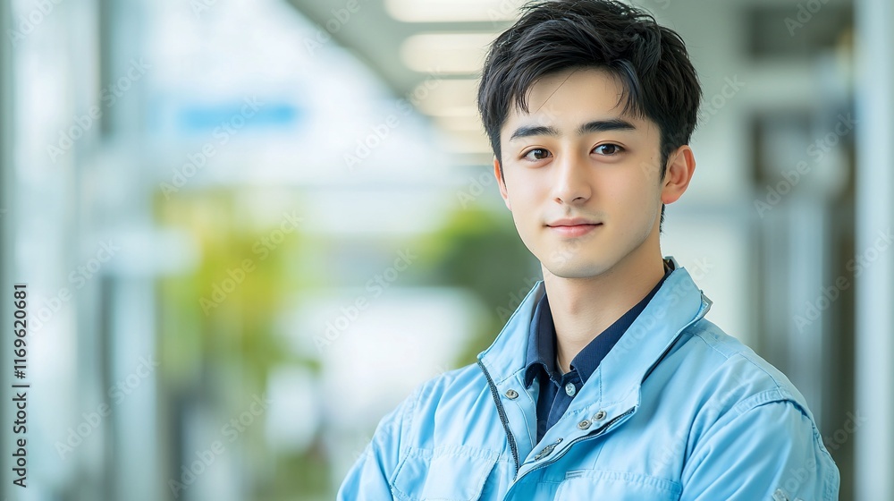 Portrait of a young Asian man in a light blue work uniform. Portrait of a young Asian man in a light blue work uniform.