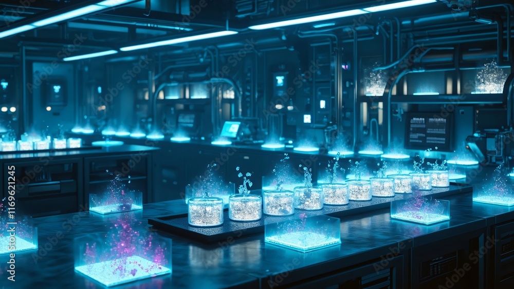 Fototapeta premium Futuristic Sci-Fi Laboratory with Glowing Samples