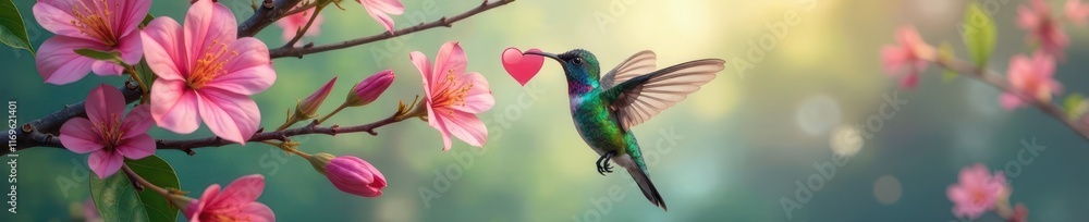 Fototapeta premium Elegant hummingbird with pink heart, vector art , beautiful, vector, cute