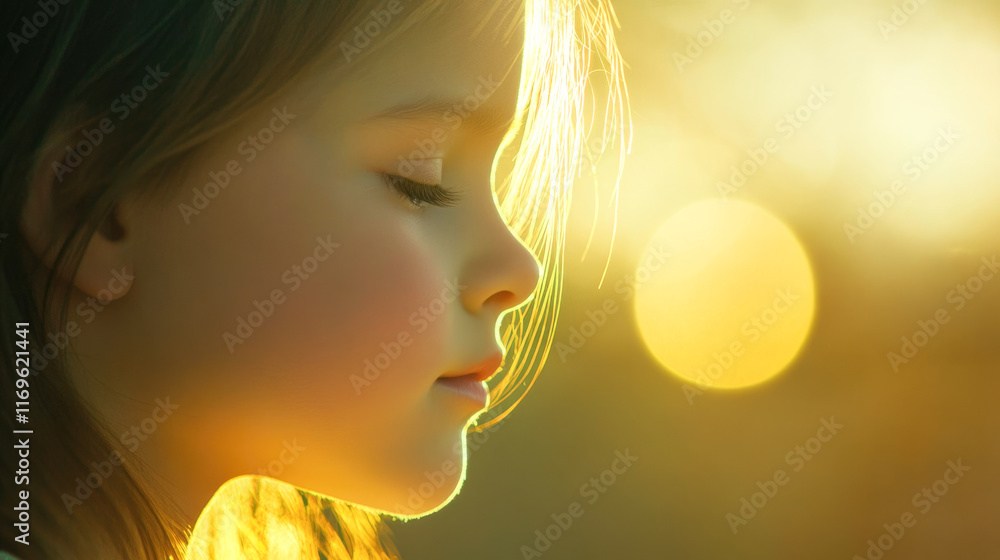 Fototapeta premium Serene profile of young caucasian female child in warm afternoon light