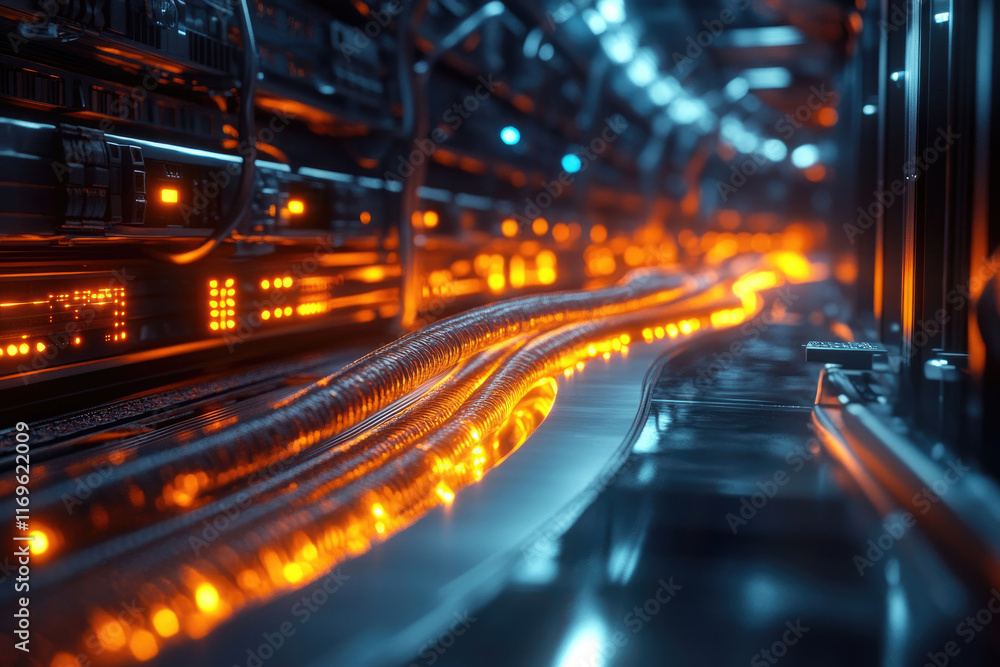 Glowing network cables snake through a futuristic server room, depicting high-speed data transfer. Glowing network cables snake through a futuristic server room, depicting high-speed data transfer.