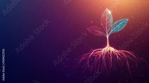 Glowing plant growing from roots symbolizing innovation and technology