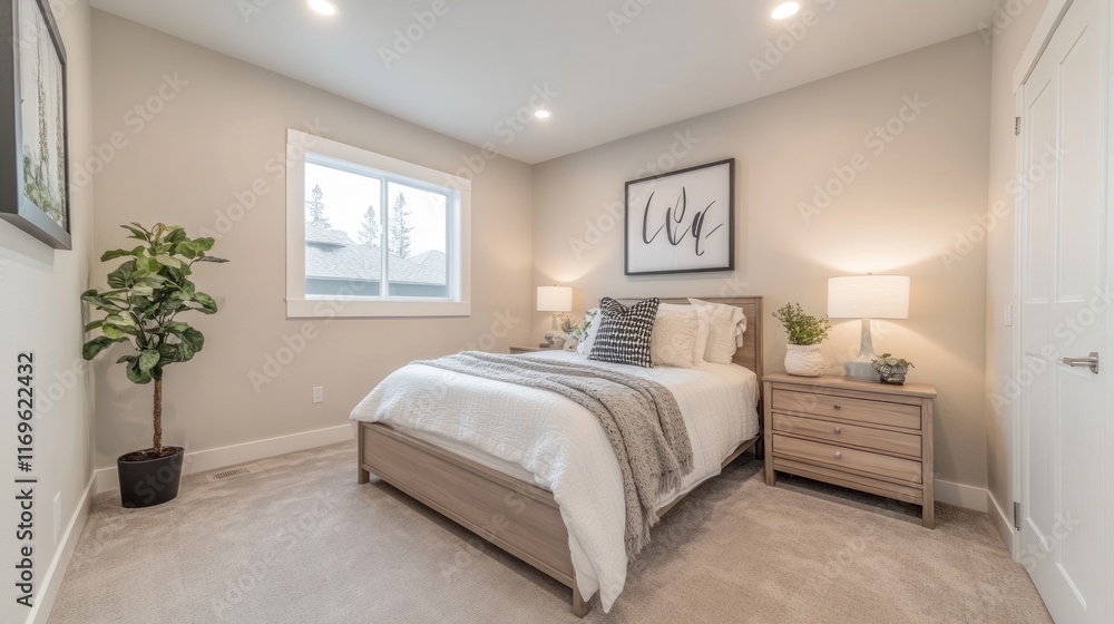 Fototapeta premium Modern Bedroom Interior Design Featuring A Comfortable Bed