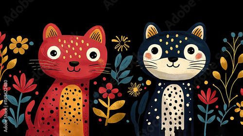   A pair of feline friends lounging together amidst a floral foreground against a dark backdrop