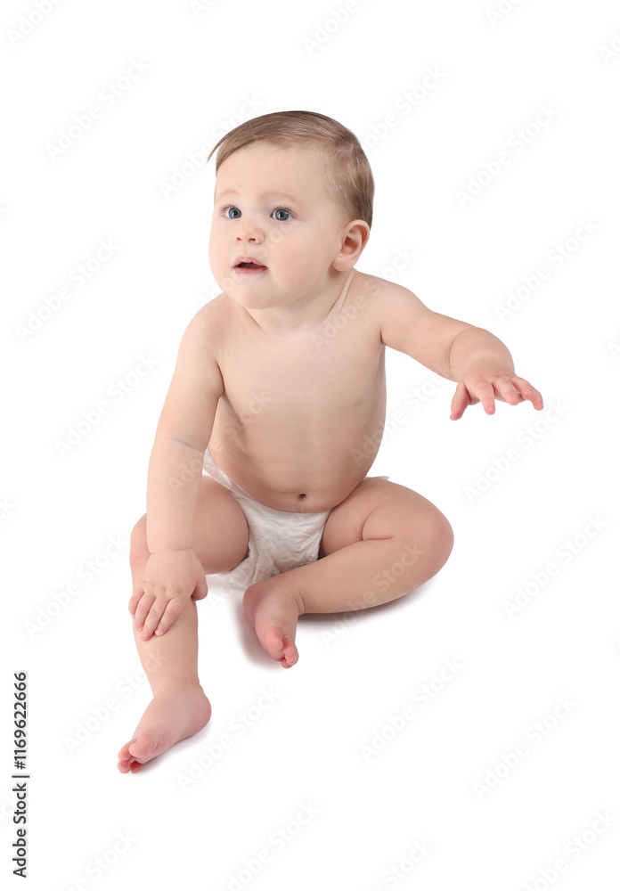 Cute little baby in diaper on white background Cute little baby in diaper on white background