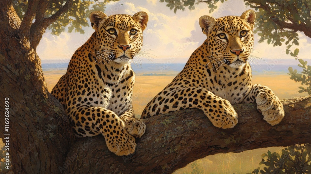 Naklejka premium Leopards Gazing at Horizon During Golden Hour