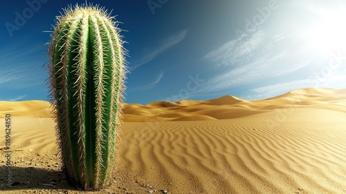 A tall cactus stands alone in a vast desert landscape.