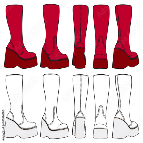 Set of colored retro platform boots. Isolated vector objects on white background.