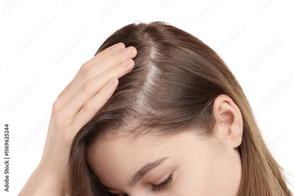 Girl with hair loss problem on white background, closeup Girl with hair loss problem on white background, closeup