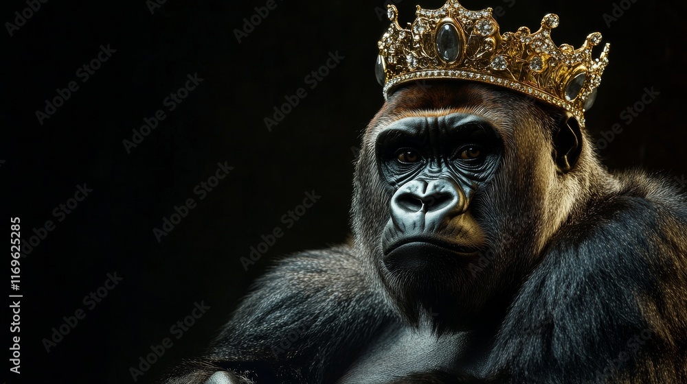 Obraz premium A powerful gorilla adorned with a crown exudes majesty and strength. The dark background enhances its features, highlighting its fur and regal appearance