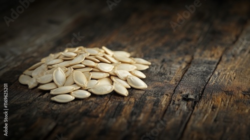 A pile of pumpkin seeds rests on an aged wooden table, showcasing their pale color and distinct shape. The surrounding area offers plenty of space for adding designs or text photo