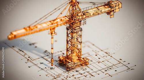 Fototapeta Naklejka Na Ścianę i Meble -  3D model of a crane on construction blueprints.