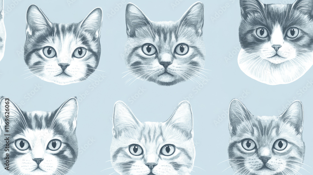 Pattern of adorable cat faces with soft gray background Pattern of adorable cat faces with soft gray background