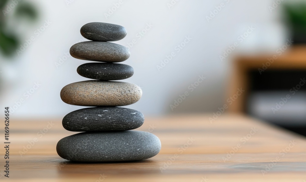 Stacked stones, serene, balanced, wooden surface. Stacked stones, serene, balanced, wooden surface.