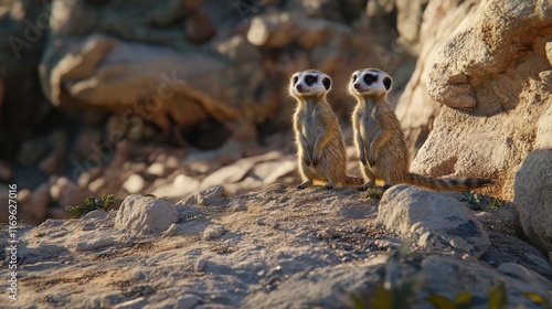 Meerkats Standing Alert on Hilltop During Golden Hour photo