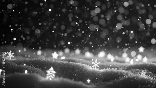 Monchromatic Winter Snowscape, Sparkling Snowflakes and Bokeh Lights photo