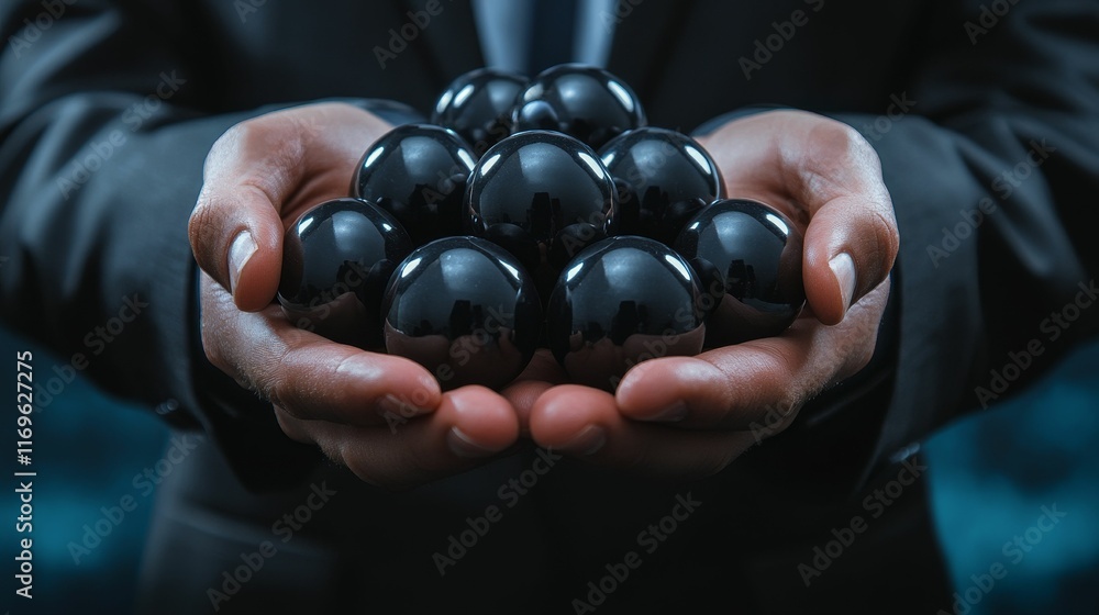 Dark spheres held in person's hands. Dark spheres held in person's hands.