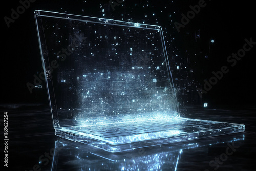 Digital representation of a laptop displaying glowing data particles in dark background