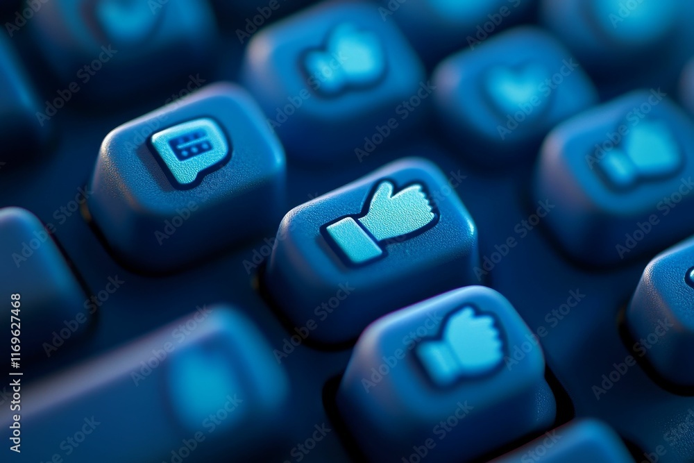 Blue keyboard; approval symbols; digital interaction. Blue keyboard; approval symbols; digital interaction.