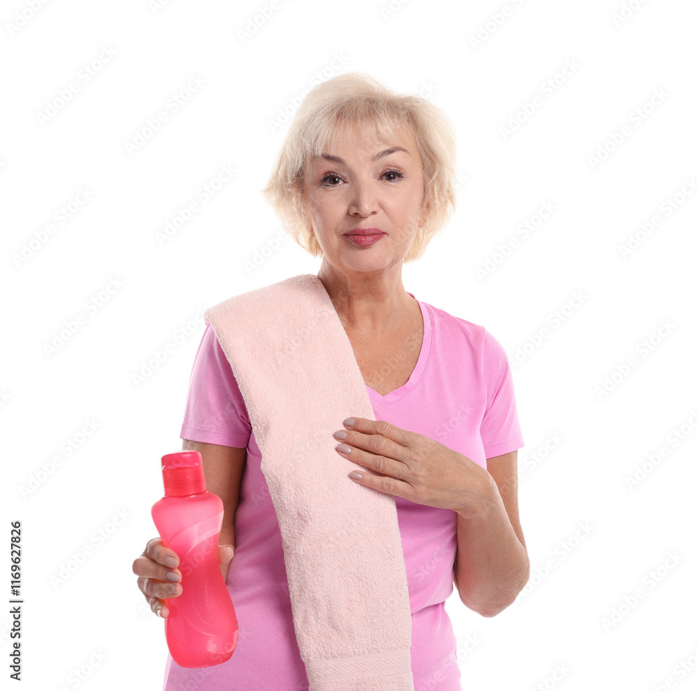 Senior woman with towel and water on white background Senior woman with towel and water on white background