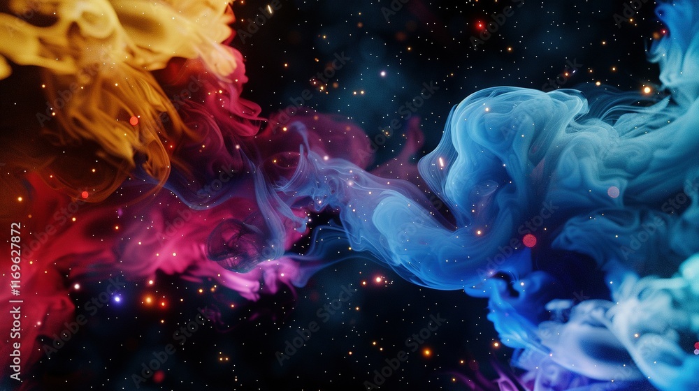 Naklejka premium A diverse swarm of colored smokes drift in the atmosphere against a dark backdrop, featuring vibrant hues of red, yellow, and blue