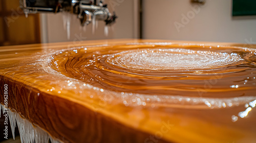 Epoxy resin pouring onto wood, creating swirl. photo