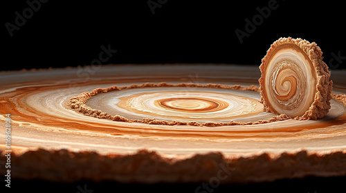 Swirling brown and beige abstract art resembling a cross-section of a tree trunk with a smaller similar piece separated. photo