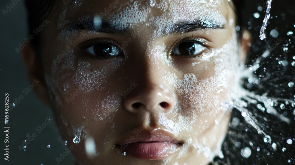 Woman Face Covered In Cleansing Foam And Water Woman Face Covered In Cleansing Foam And Water