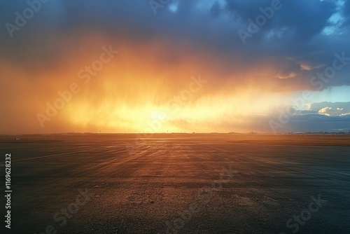 Radiant Airport Runway with Blue and Yellow Sky