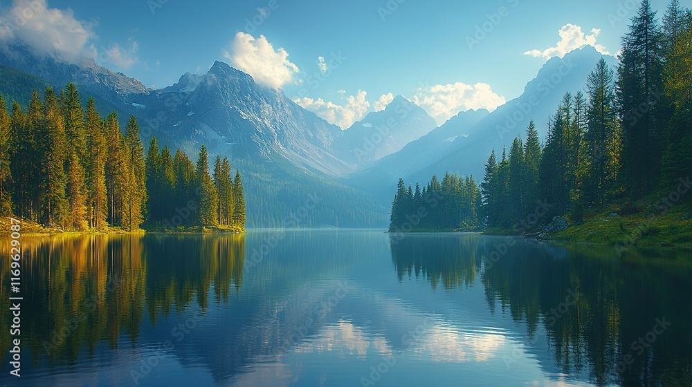  Water enclosed by trees and mountains with cloudy skies and some clouds reflected in the water