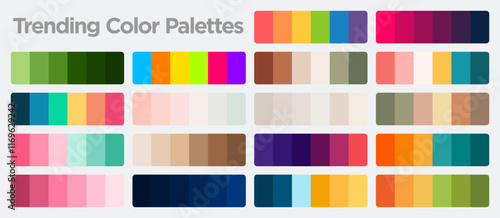 Collection of trending color palettes showcasing a variety of hues and tones. This visually appealing layout is perfect for designers seeking inspiration for their projects.