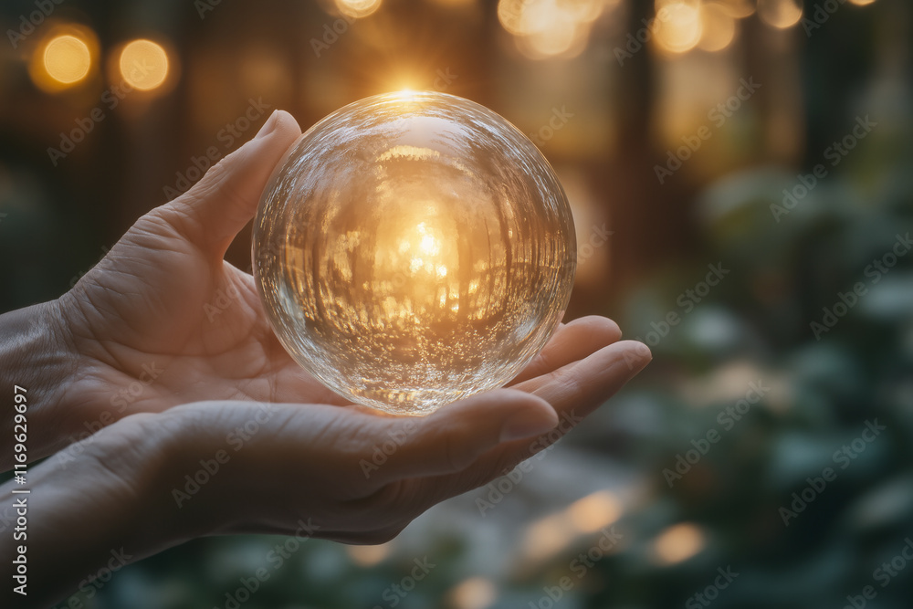 Fototapeta premium Hands holding a glass globe reflecting a sunset in a serene outdoor setting