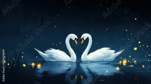   A couple of swans glide atop a serene lake beneath a sky illuminated by countless golden fireflies