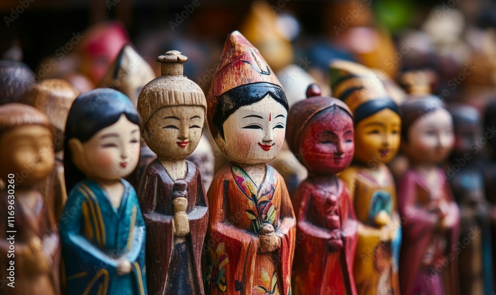 Fototapeta premium Colorful wooden figurines, Asian-inspired, row display.