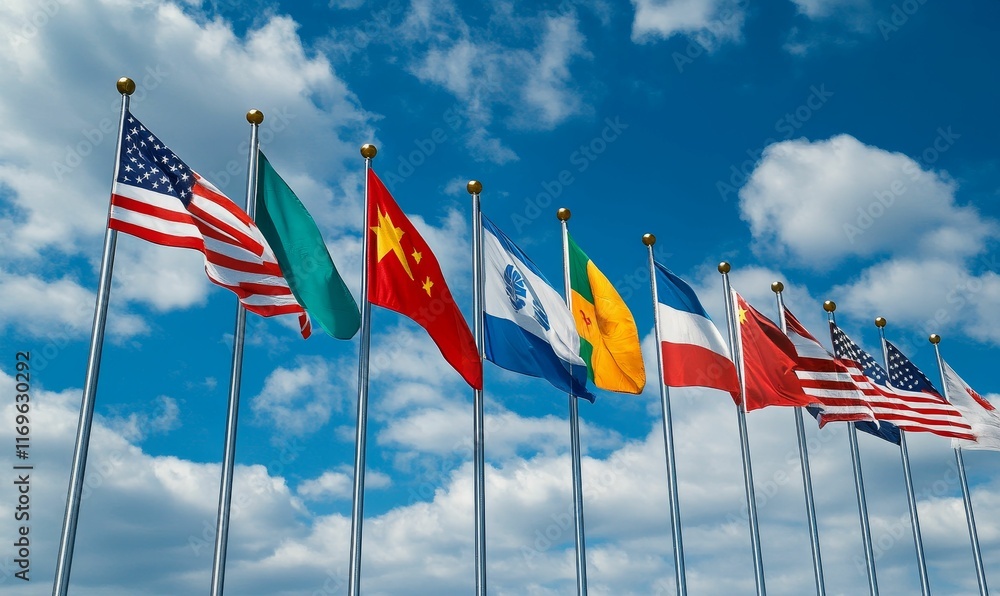 Multiple flags wave in a blue sky.